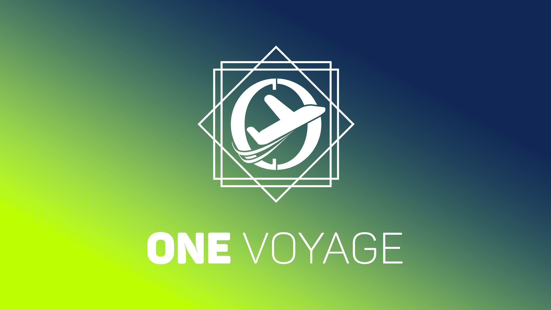 "ONE VOYAGE"-logo. Het vliegtuig is afgebeeld in een geometrische vorm en de achtergrond is een verloop van donkerblauw naar limoengroen. Dit ontwerp dient als een "deur naar de wereld" die eindeloze reizen en avonturen symboliseert.