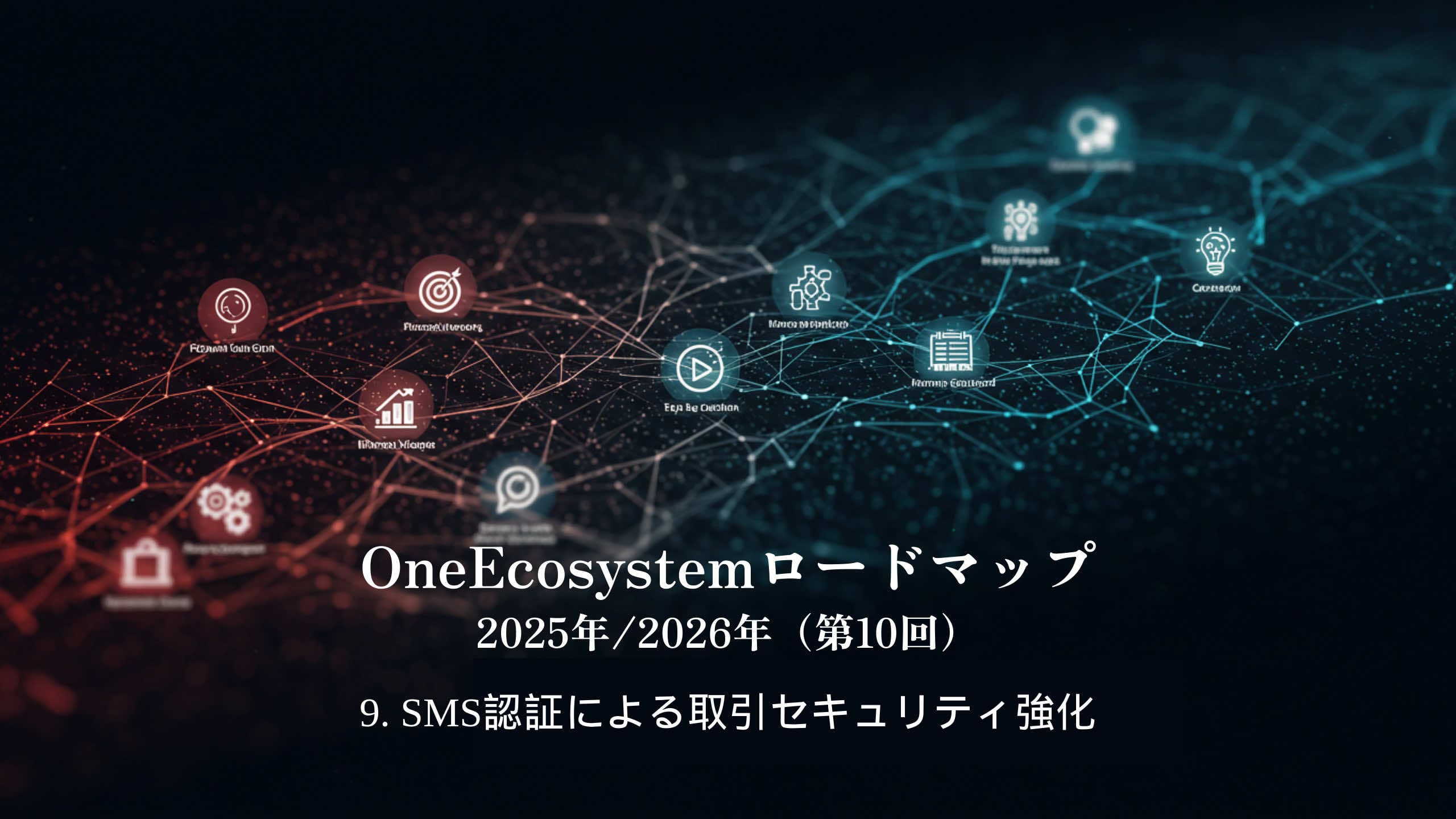 Digitale netwerkafbeeldingen met onderling verbonden pictogrammen en knooppunten die één ecosysteem benadrukken. De Japanse tekst luidt: "OneEcosystem Roadmap 2025/2026 (10e) 9. Versterking van de transactiebeveiliging door middel van sms-authenticatie".