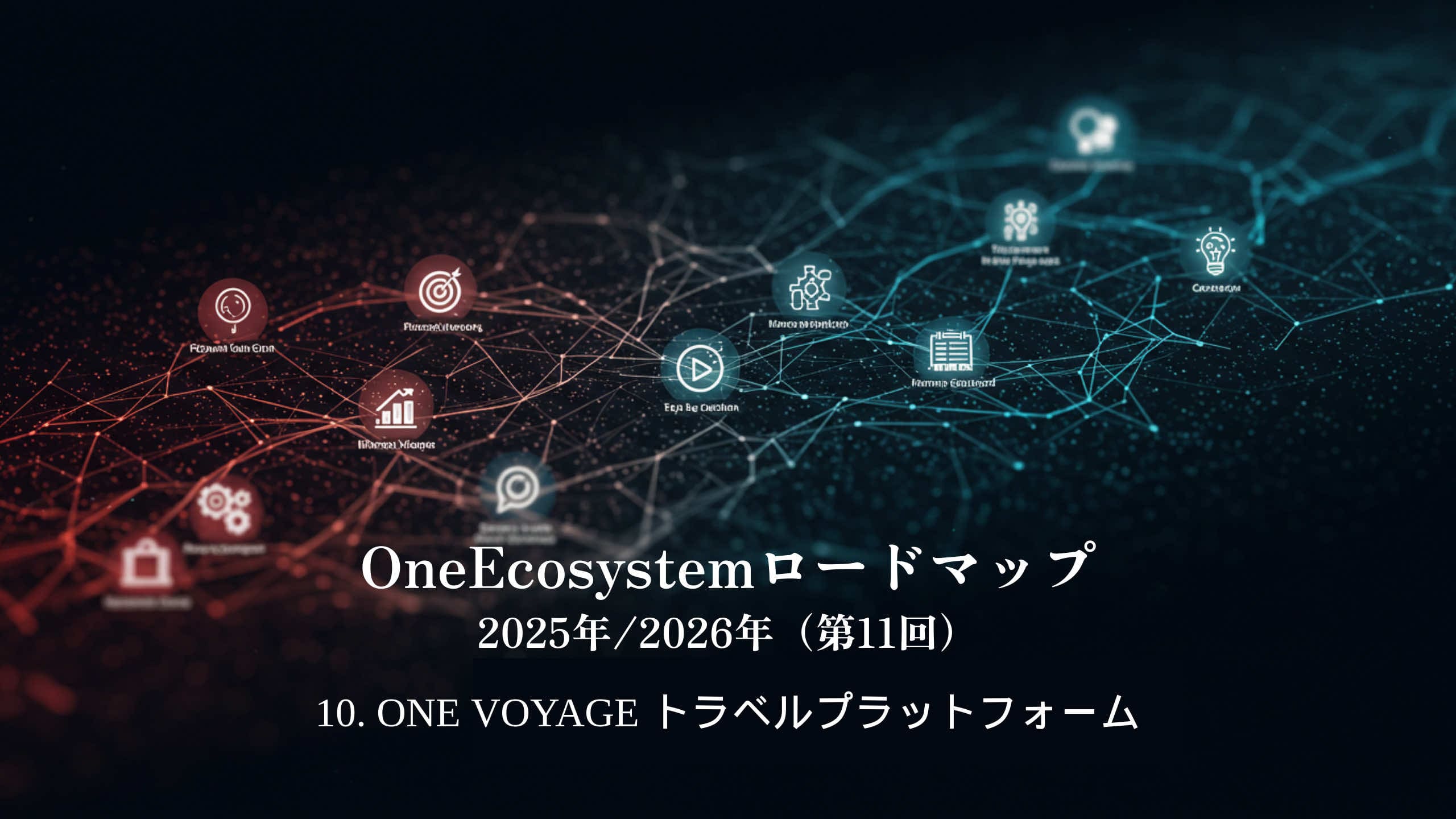 Digitale netwerkafbeeldingen met blockchain en reispictogrammen. De Japanse tekst luidt "OneEcosystem Roadmap 2025/2026 (11e)10. EEN REIS Reisplatform.