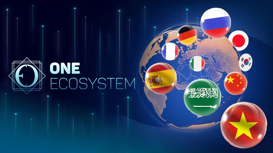 Digitale illustratie van de wereldbol met verschillende vlaggen die in bubbels worden getrokken. Ook ideaal als reclamemateriaal: "Eén ecosysteem.