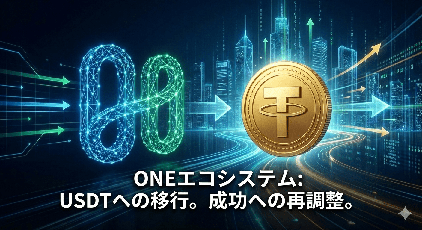Een futuristisch stadsbeeld met een digitale illustratie van een gouden munt met het Tether (USDT) cryptovalutasymbool en een pijl, en de Japanse tekst: ONE-ecosysteem: Herkalibratie voor succesvolle USDT-migratie.