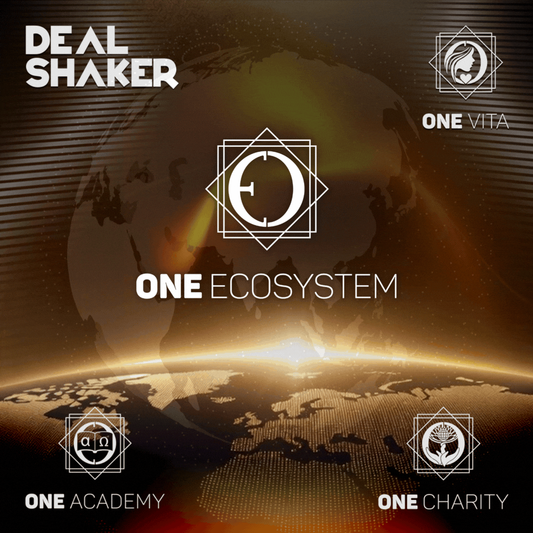 上部に「DEALSHAKER」、中央に「ONE ECOSYSTEM」、そして「ONE VITA」、「ONE ACADEMY」、「ONE CHARITY」と表記された4つのアイコンと中央のシンボルが、地球を背景に配置されたグラフィック――2026年7月号外 OES公式ニュースレターを際立たせるのに最適です。.